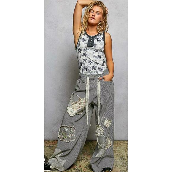POL Pants - POL Pants Womens Large Black & White Striped Jeans Flower Patchwork Boho NWOT